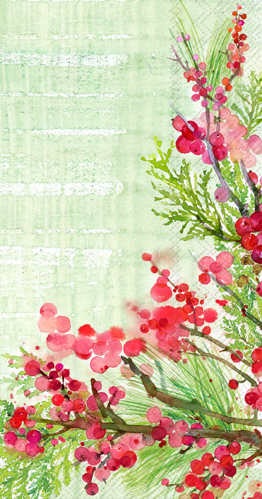 Winterberry paper guest towels with red berries and greenery, full view