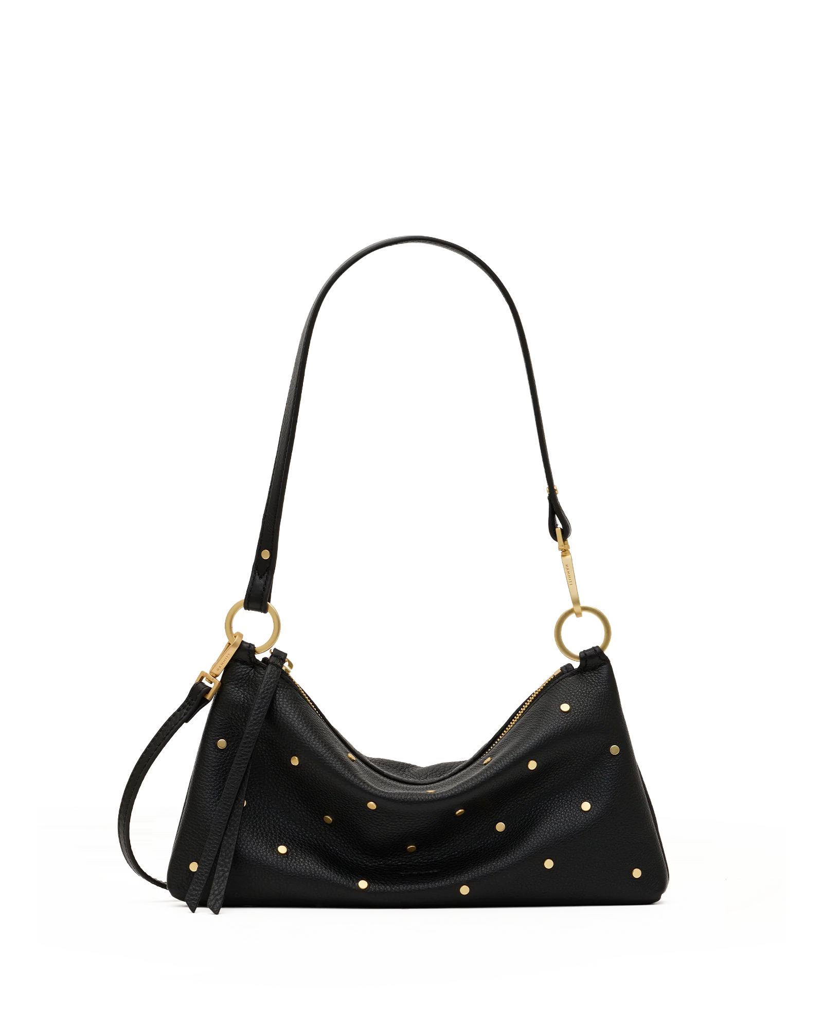 A black pebbled leather shoulder bag with gold-tone studs and gold hardware, shown against a plain white background.
