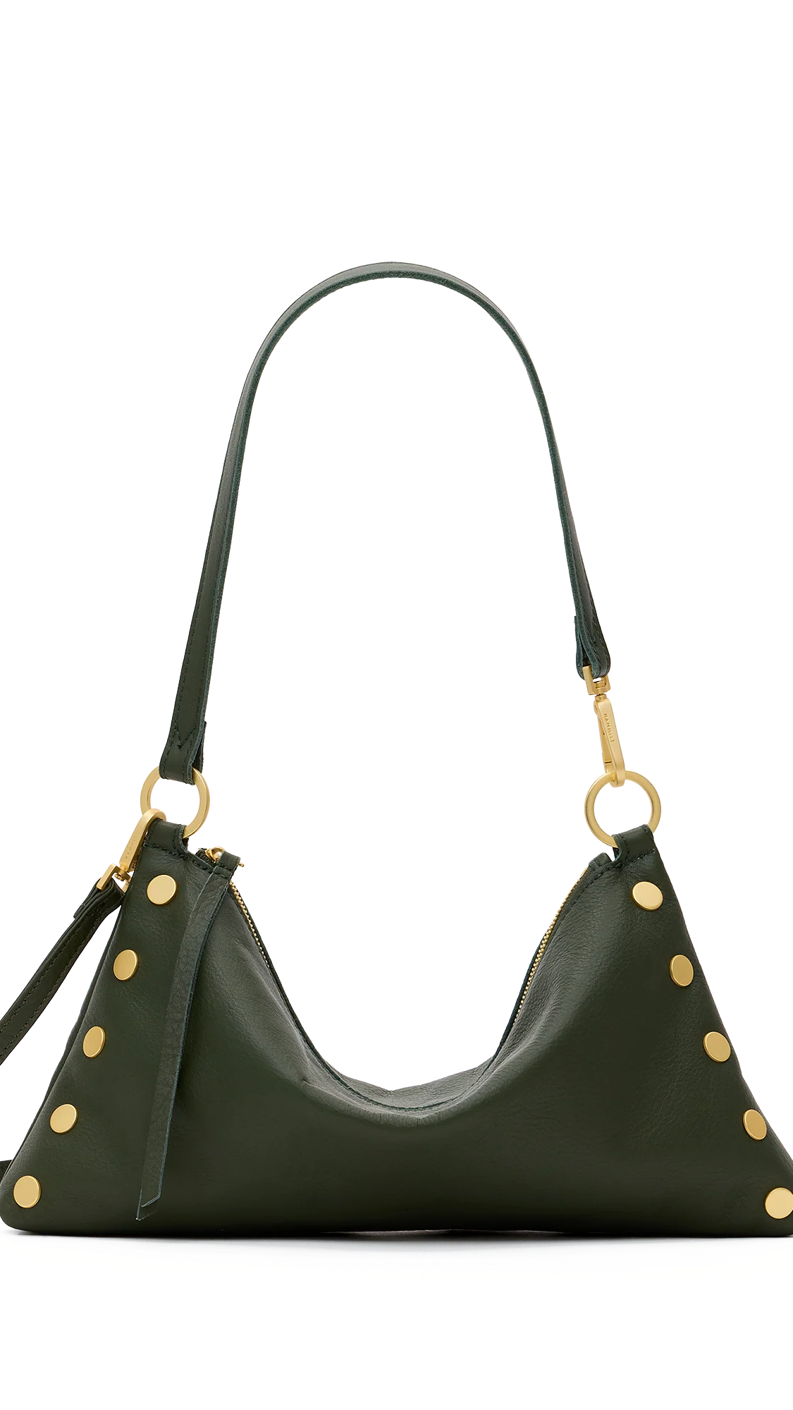 An olive green leather shoulder bag with gold-tone studs and hardware, shown on a plain white background.