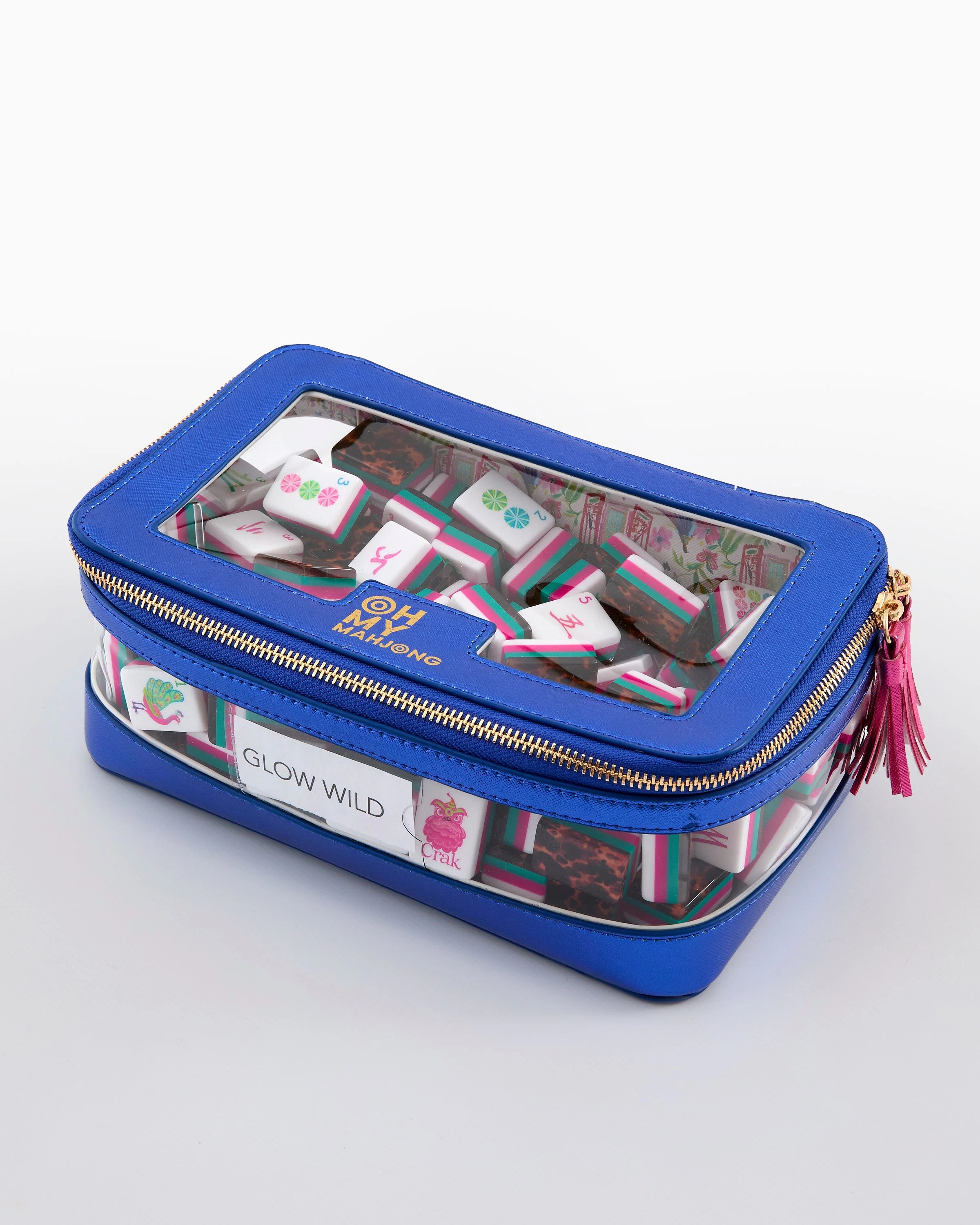 Blue zippered case with transparent lid containing colorful dominoes on a white background