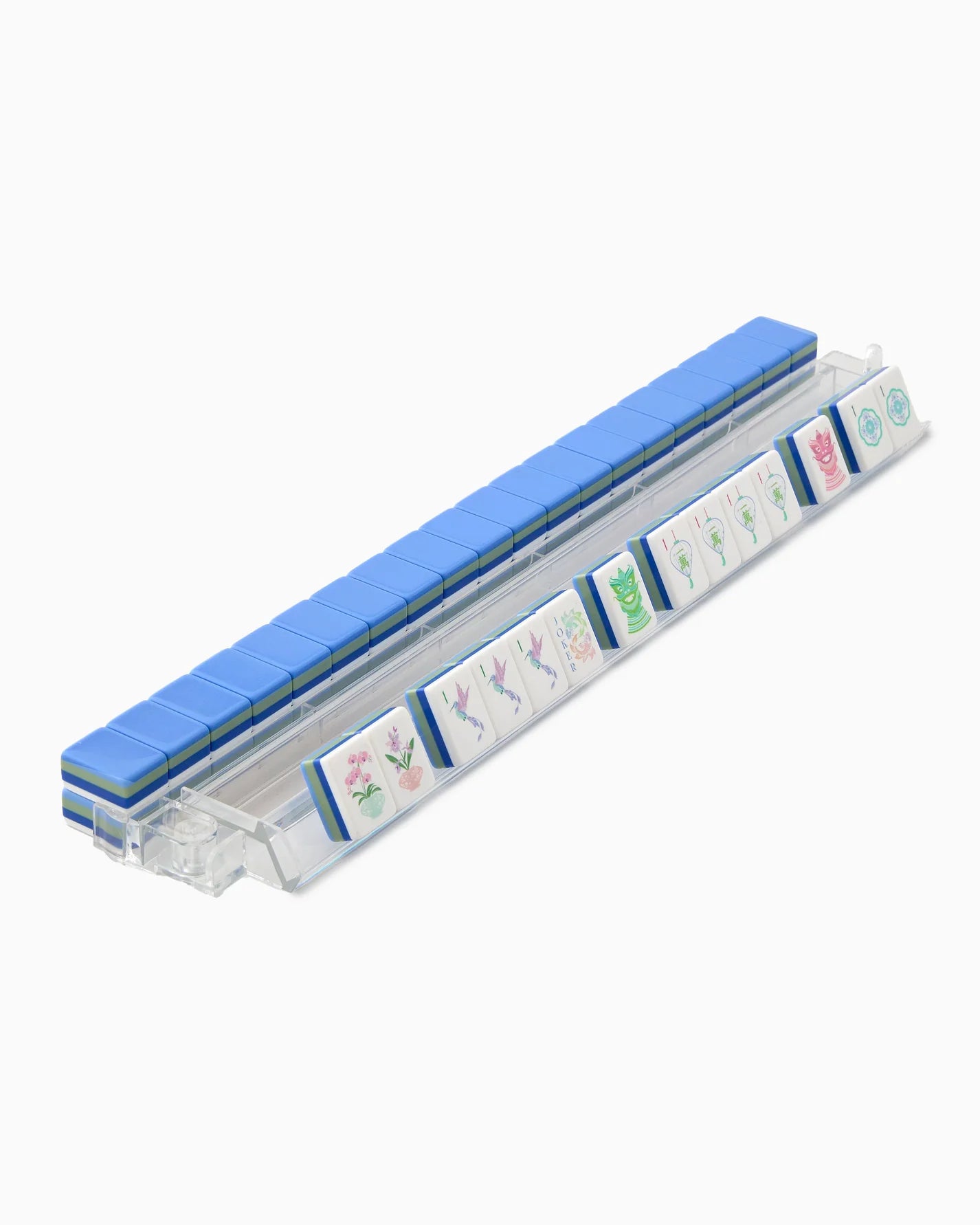 Rectangular container with blue top and clear sides displaying colorful labels on a white background