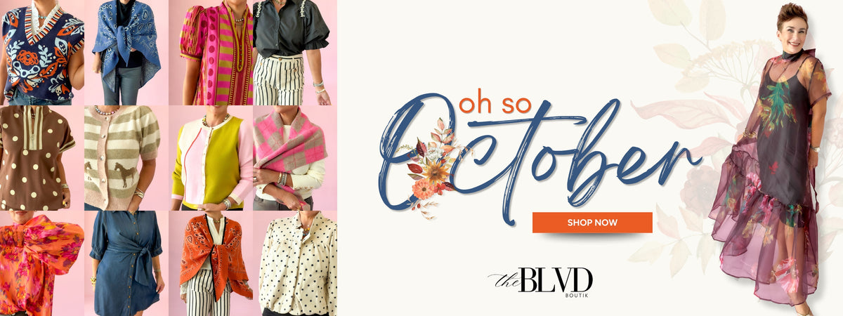 Oh So October collection from The BLVD with model in a sheer printed dress and colorful fall tops
