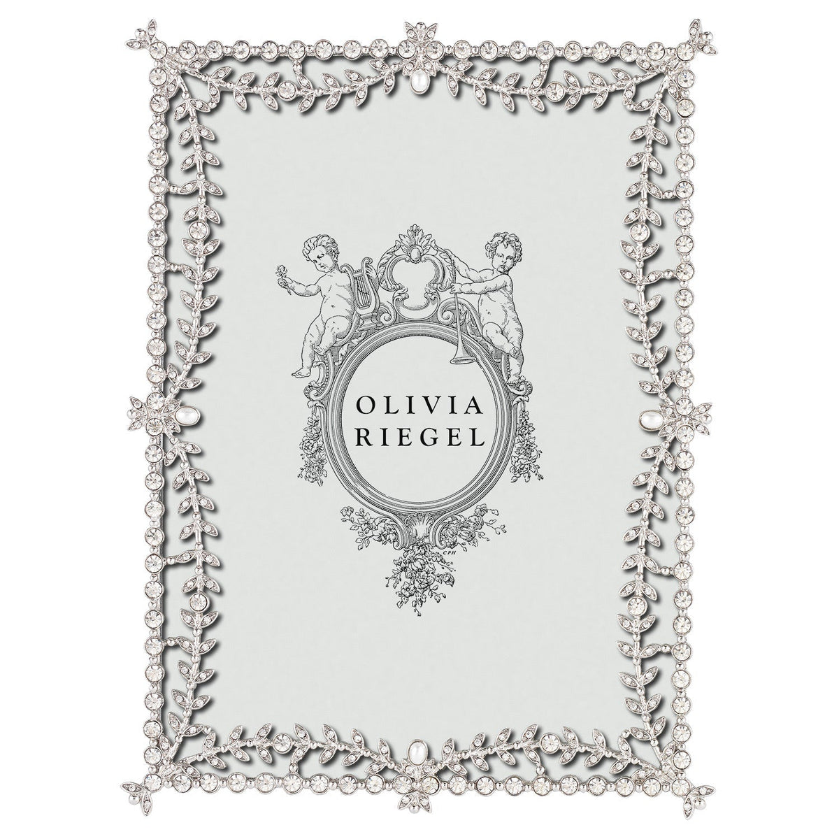 Olivia Riegel Kensington 5x7 Picture Frame in Silver crystal and faux pearl pewter swag, front view