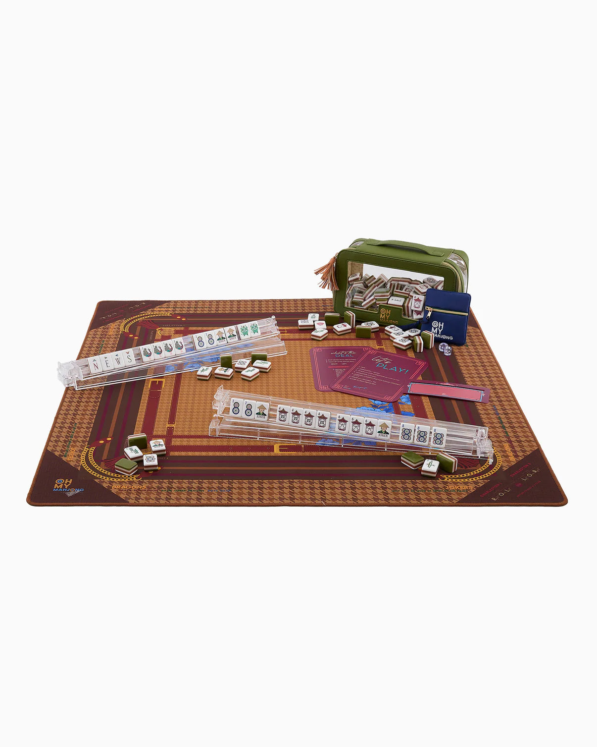 Board game set with pieces and cards on a white background