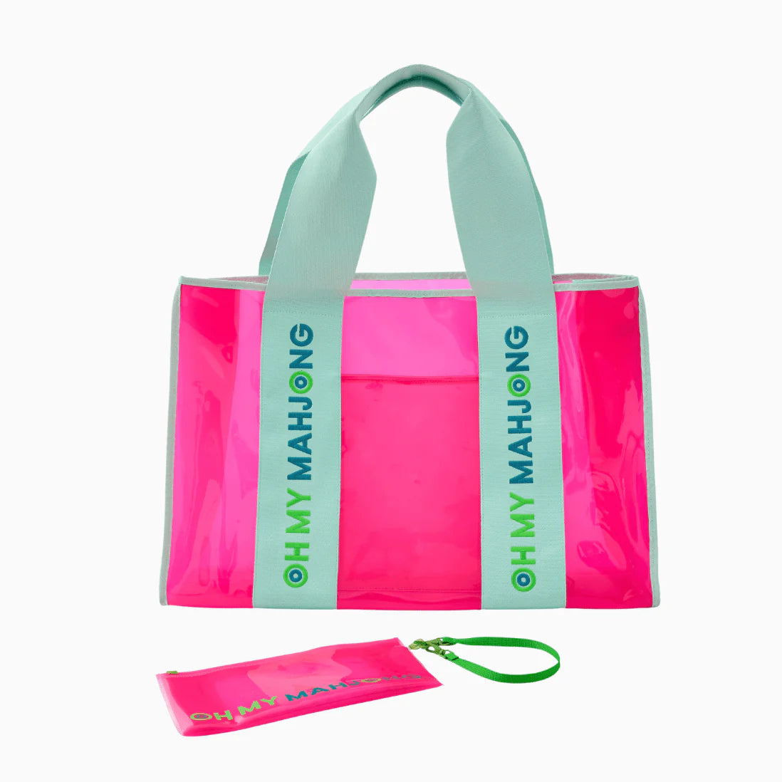 Pink tote bag with green handles and 'Oh My Mahjong' branding on a white background