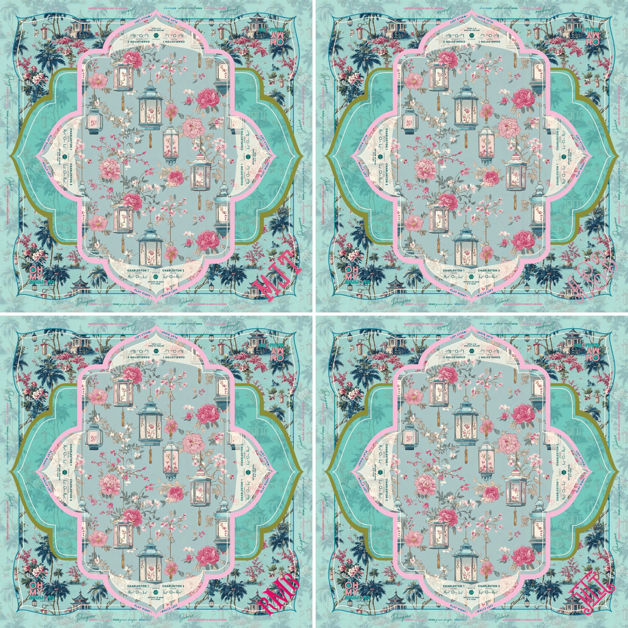Four identical decorative patterns with floral and architectural elements on a blue background.