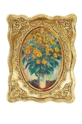 Collection of gold-framed pictures with various scenes on a white background