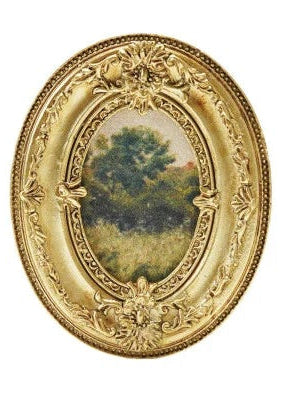 Collection of gold-framed pictures with various scenes on a white background