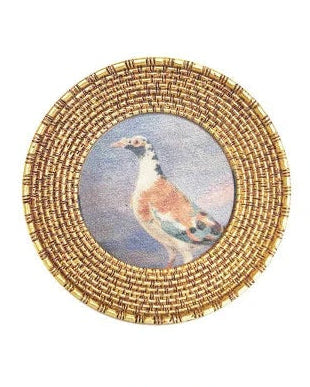 Collection of gold-framed pictures with various scenes on a white background