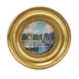 Collection of gold-framed pictures with various scenes on a white background
