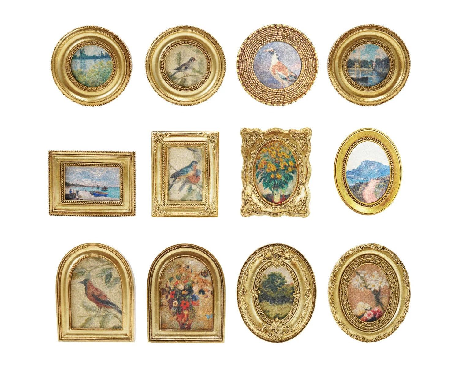 Collection of gold-framed pictures with various scenes on a white background