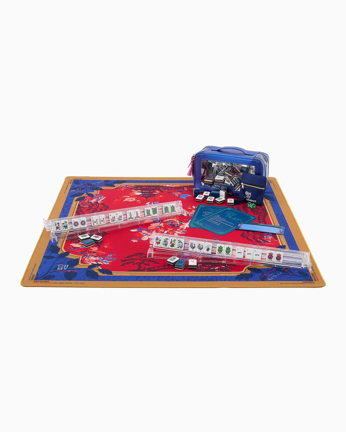 Board game set with a red and blue playing mat, dice, and game pieces on a white background