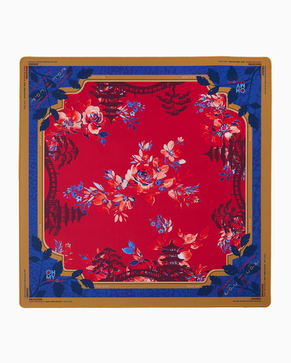 Red floral and landscape design on a blue background with a gold border