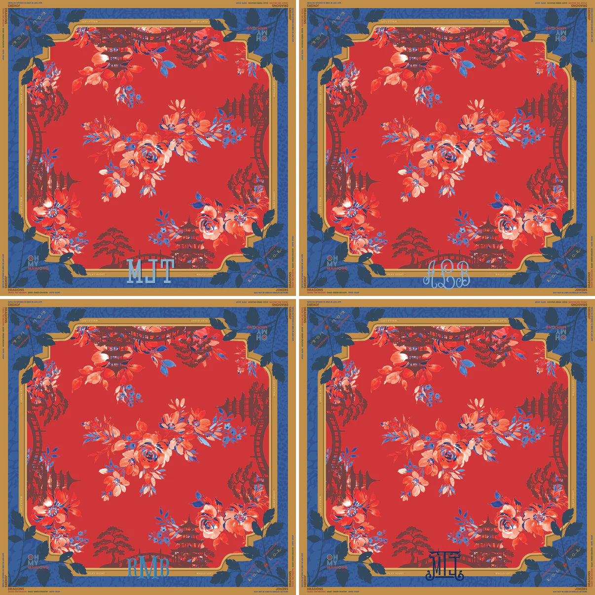 Four identical panels of a traditional floral design on a red background with blue and gold borders.