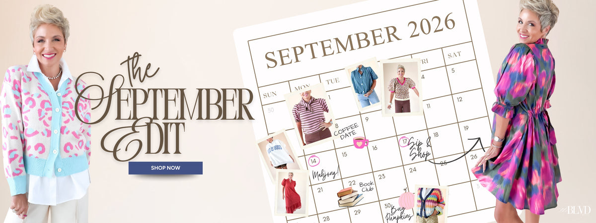 The September Edit from The BLVD with a September 2026 calendar of outfits and model in a pink print dress