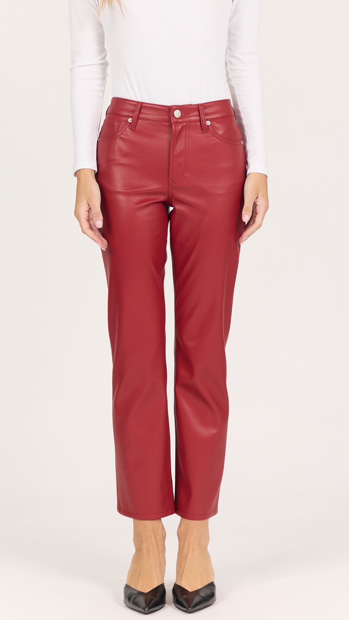 Front view of crimson lacquer red faux leather Anika pants showing the five-pocket styling and cropped straight leg