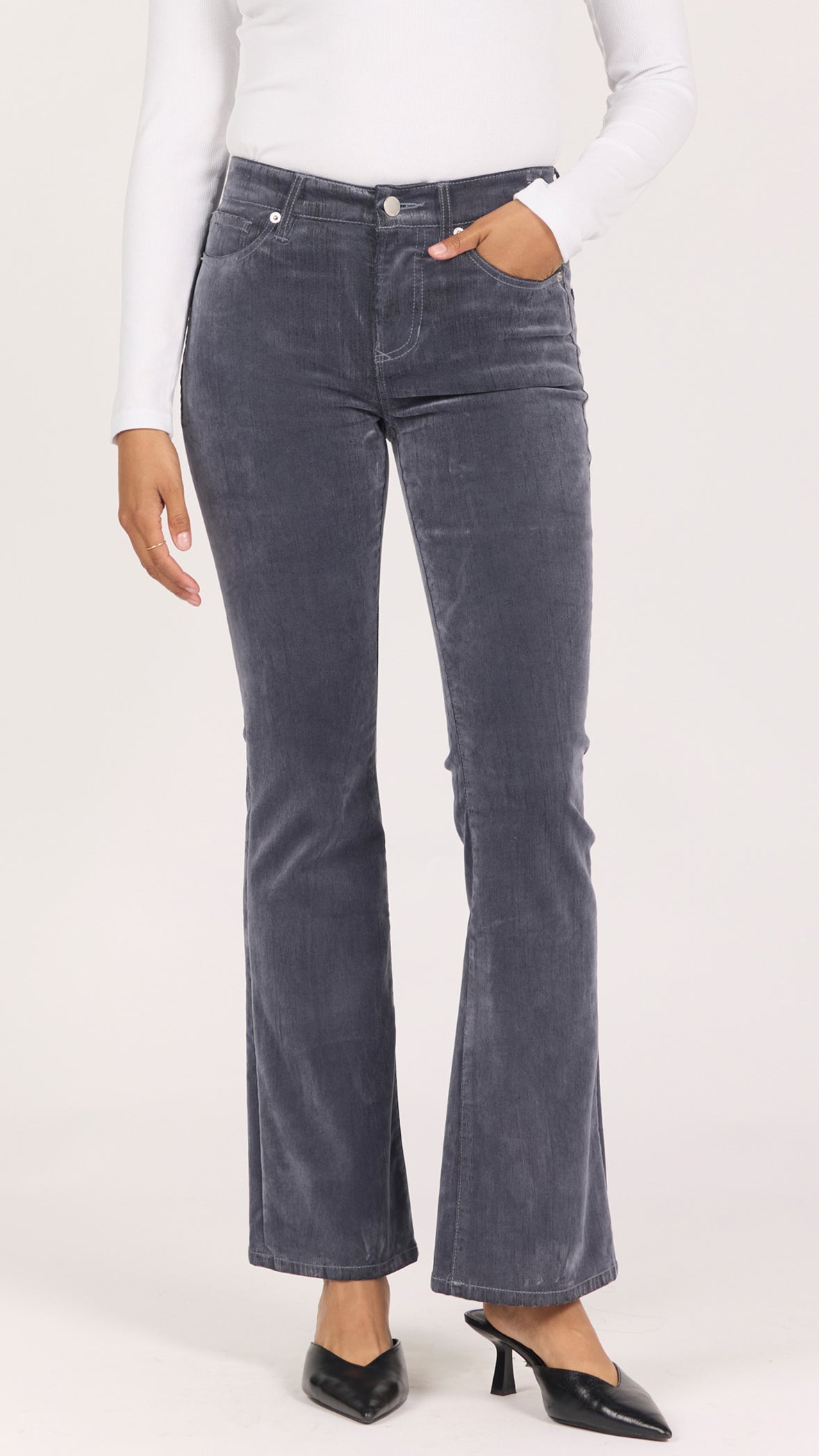 Front view of smoke gray velvet Jaxtyn bootcut pants showing the five-pocket styling and button closure