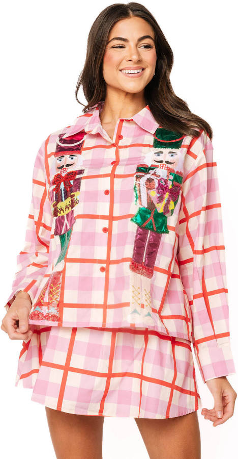Pink Plaid Nutcracker Button Up