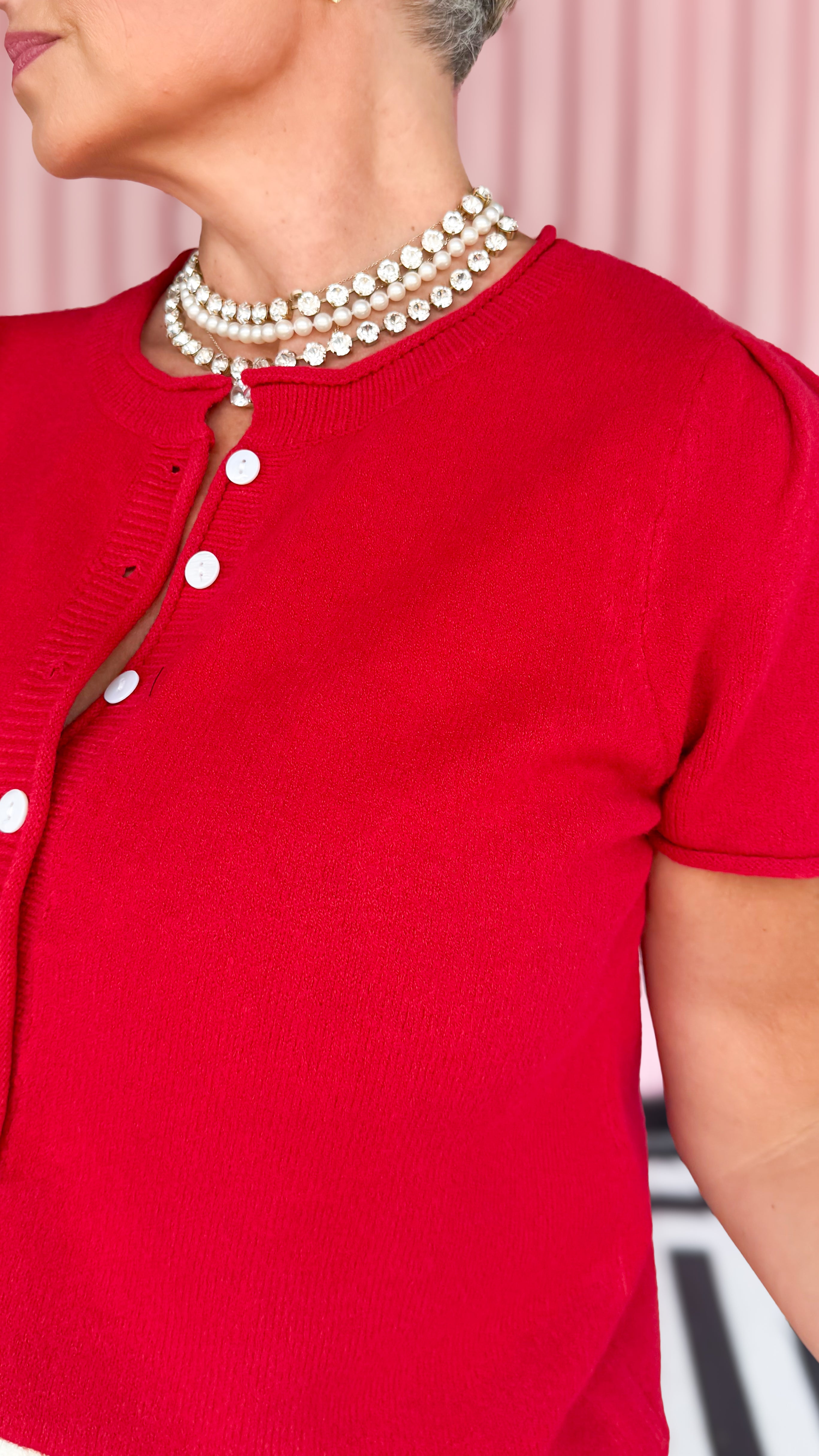 Short sleeve cardigan worn on model - front view - BLVD Boutik