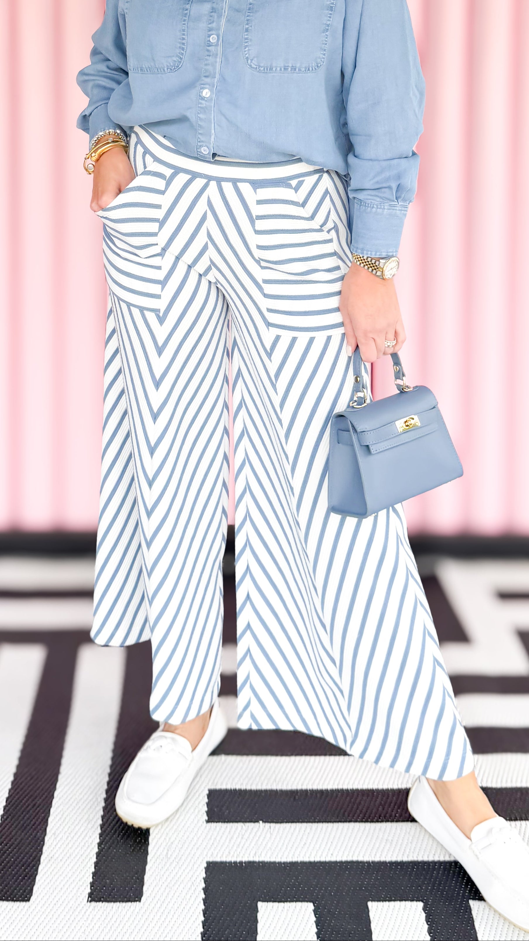 Stripe wide leg knit pants in blue worn on model - front view - BLVD Boutik