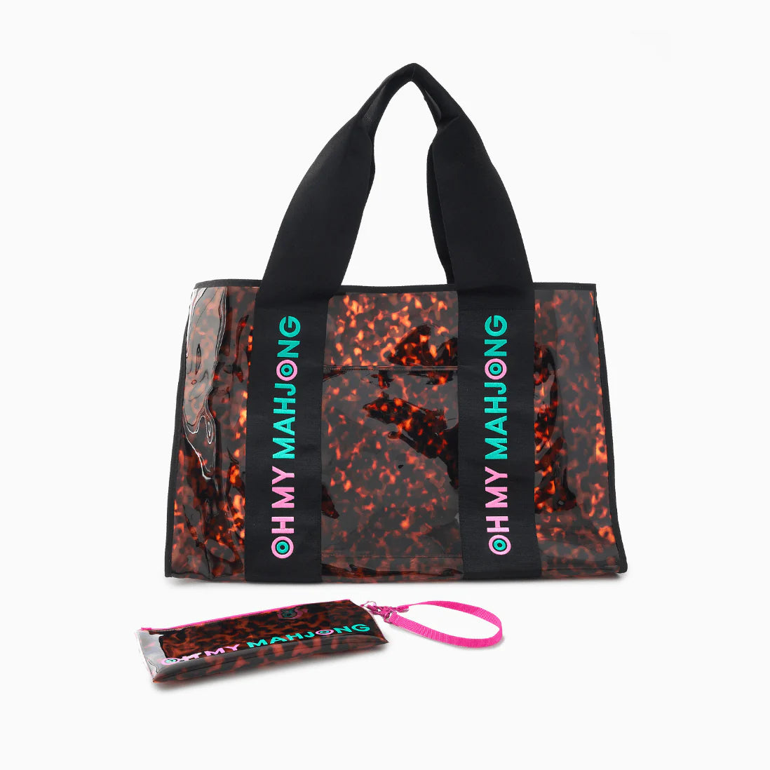 Tote bag with 'OH MY MAHJONG' text and a matching pouch on a white background