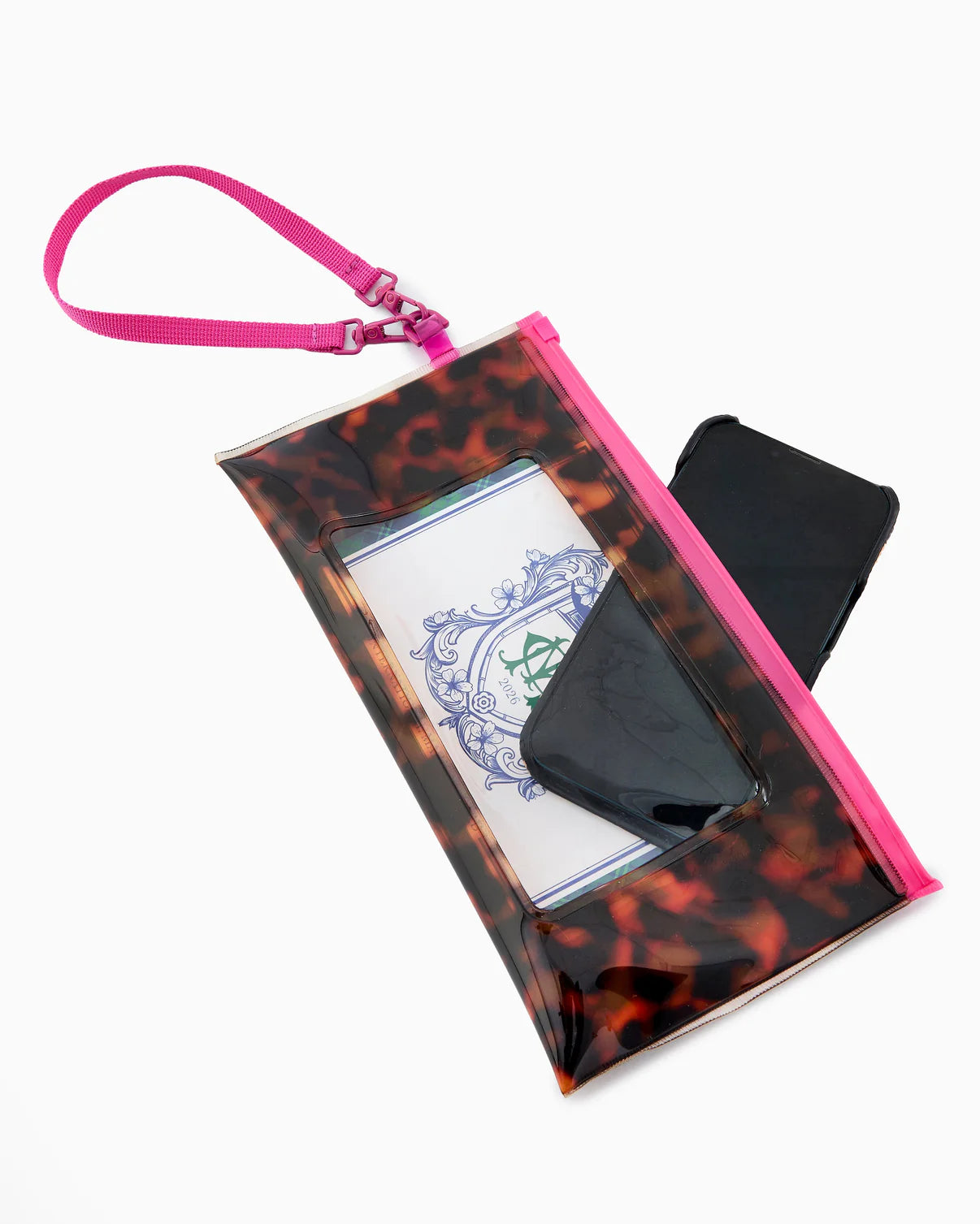 Clear pouch with tortoiseshell pattern and pink strap on a white background