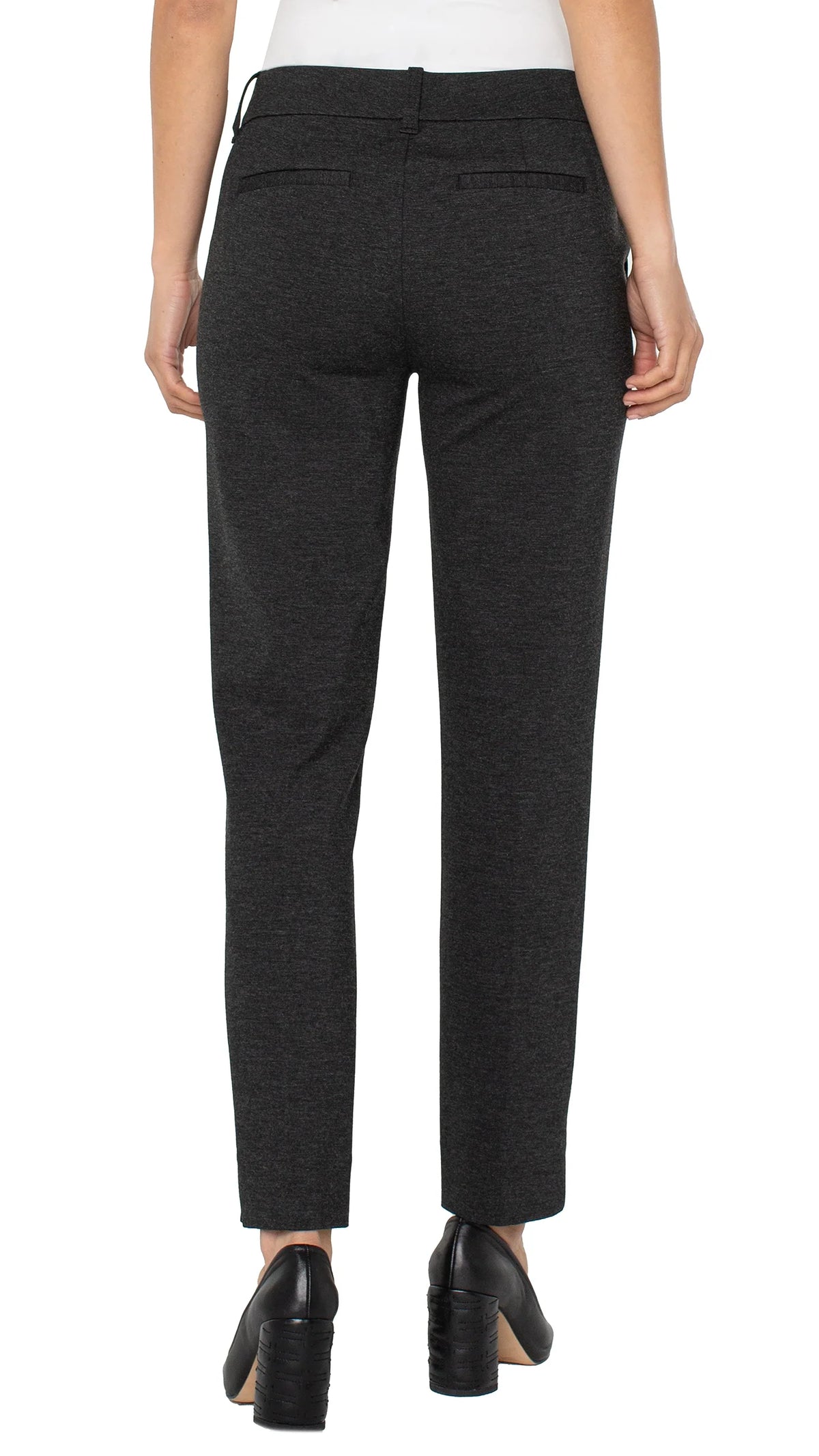 Back view of heathered charcoal Gemma cigarette trousers with heels