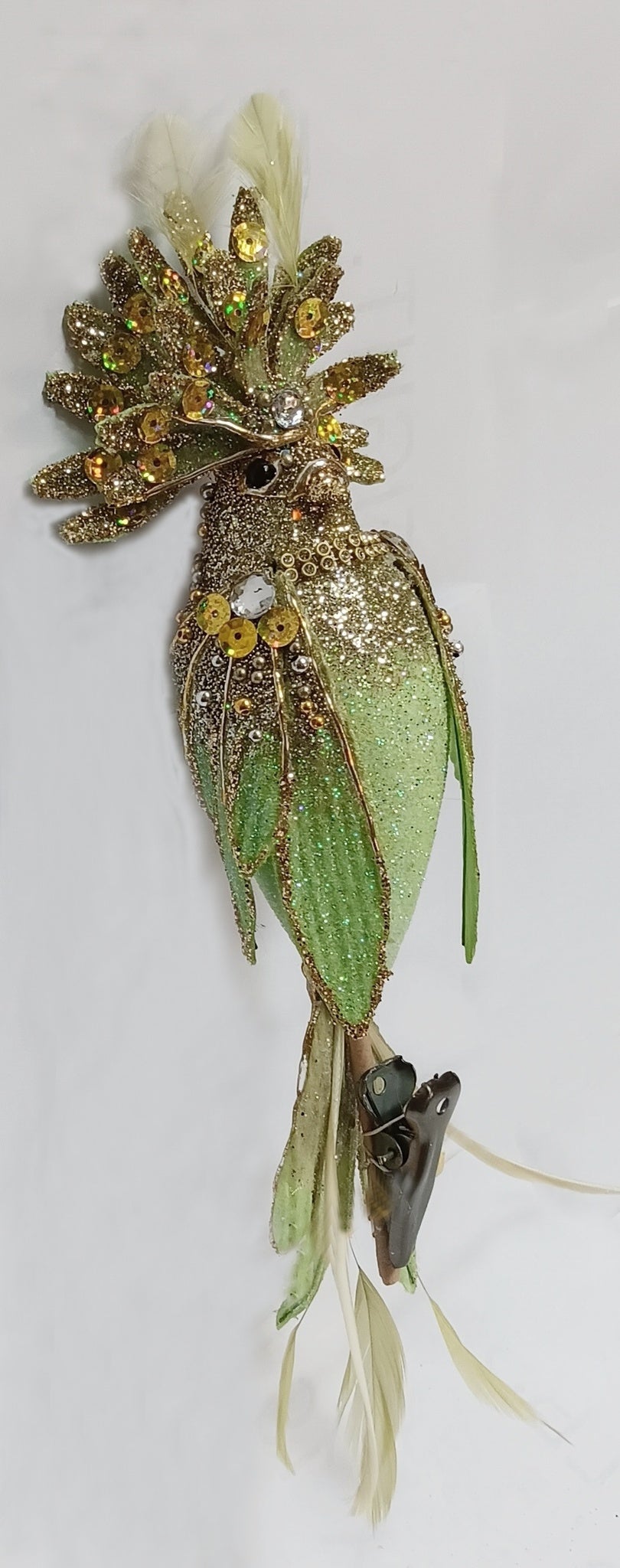 9 inch green feathered cockatiel clip-on bird ornament, full view